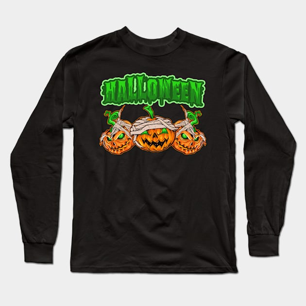 Halloween Zombie Pumpkins Scary Green-Eyed Long Sleeve T-Shirt by PaulAksenov